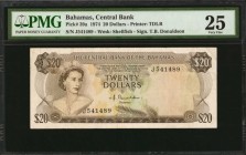 BAHAMAS. Central Bank. 20 Dollars, 1974. P-39a. PMG Very Fine 25.

Printed by TDLR. Watermark of shellfish. Signature of T.B. Donaldson. A colorful ...