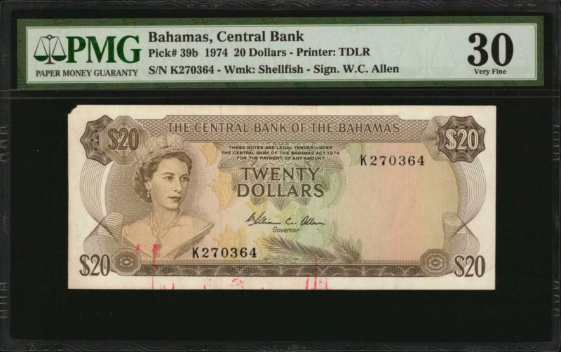 BAHAMAS. Central Bank of the Bahamas. 20 Dollars, 1974. P-39b. Offset Printing E...