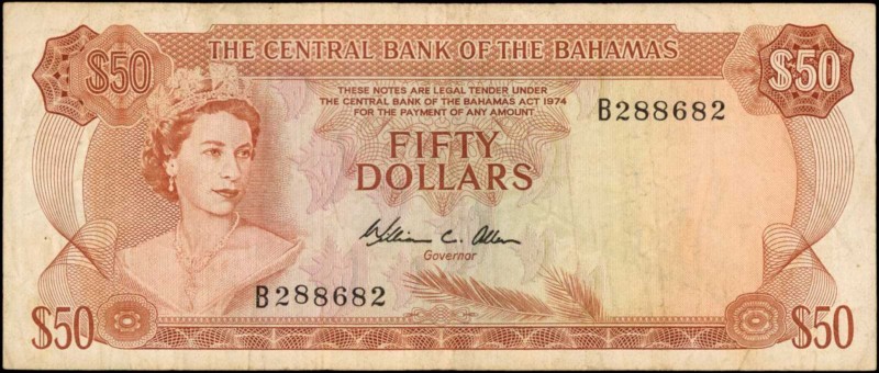 BAHAMAS. Central Bank of the Bahamas. 50 Dollars, 1974. P-40b. Fine.

A scarce...