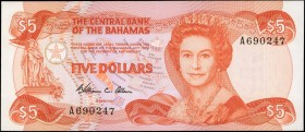 BAHAMAS. Central Bank of the Bahamas. 5 Dollars, 1974 (ND 1984). P-45a. Uncirculated.

Good embossing is noticed on this vibrant 5 Dollars note.

...