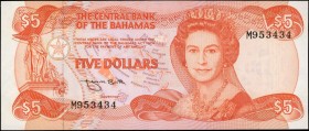 BAHAMAS. Central Bank of the Bahamas. 5 Dollars, 1974 (ND 1984). P-45b. About Uncirculated.

Dark orange ink stands out on this Central Bank of the ...