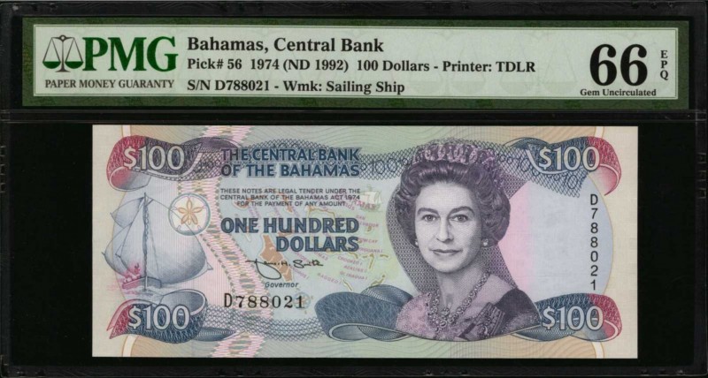 BAHAMAS. Central Bank of the Bahamas. 100 Dollars, 1974 (ND 1992). P-56. PMG Gem...