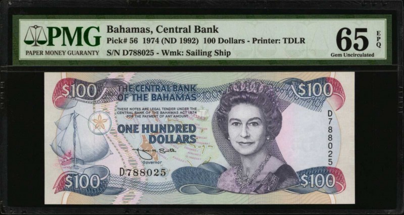 BAHAMAS. Central Bank. 100 Dollars, 1974 (ND 1992). P-56. PMG Gem Uncirculated 6...