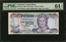 BAHAMAS. Central Bank of the Bahamas. 100 Dollars, 1996. P-62. PMG Choice Uncirculated 64 EPQ.

Printed by BABN. Watermark of sailing ship. Signatur...