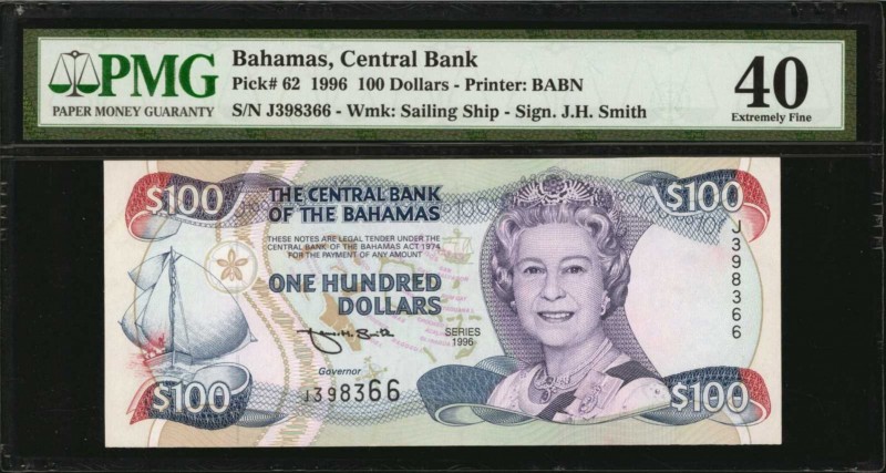 BAHAMAS. Central Bank. 100 Dollars, 1996. P-62. PMG Extremely Fine 40.

The fa...