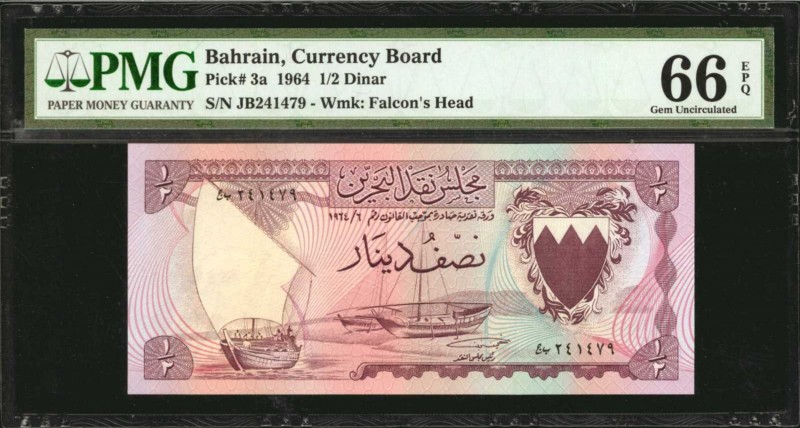 BAHRAIN. Currency Board. 1/2 Dinar, 1964. P-3a. PMG Gem Uncirculated 66 EPQ.

...