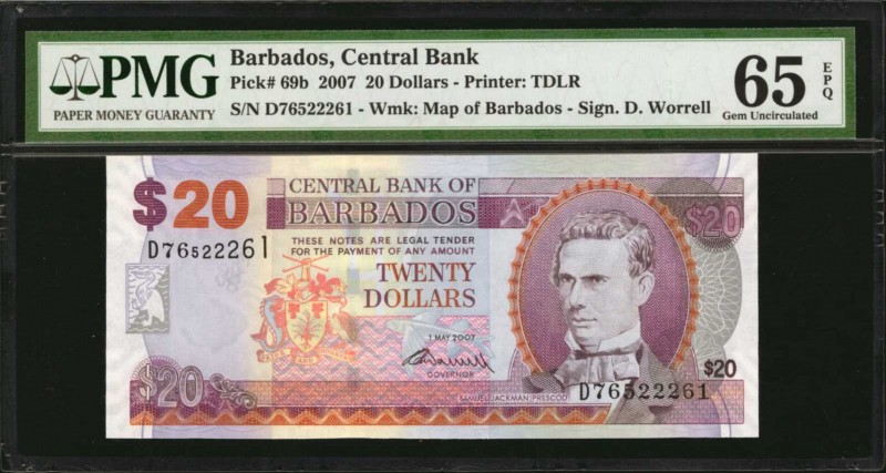 BARBADOS. Central Bank. 20 Dollars, 2007. P-69b. PMG Gem Uncirculated 65 EPQ.
...
