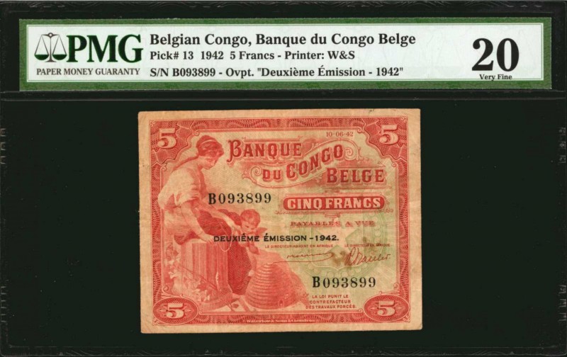 BELGIAN CONGO. Banque du Congo Belege. 5 Francs, 1942. P-13. PMG Very Fine 20.
...