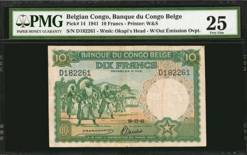 BELGIAN CONGO. Banque du Congo Belge. 10 Francs, 1941. P-14. PMG Very Fine 25.
...