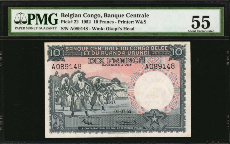 BELGIAN CONGO. Banque Centrale. 10 Francs, 1952. P-22. PMG About Uncirculated 55...