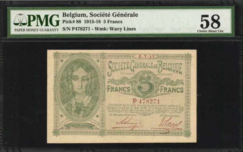 BELGIUM. Societe Generale de Belgique. 5 Francs, 1915-18. P-88. PMG Choice About...