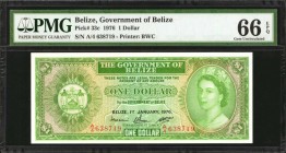 BELIZE. Government of Belize. 1 Dollar, 1976. P-33c. PMG Gem Uncirculated 66 EPQ.

Printed by BWC. Milky white paper and green ink stand out on this...