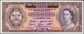 BELIZE. Government of Belize. 2 Dollars, 1974. P-34a. Uncirculated.

QEII at right, arms at left. Vivid colors stand out on the obverse, with the re...