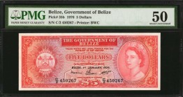 BELIZE. Government of Belize. 5 Dollars, 1976. P-35b. PMG About Uncirculated 50.

Appealing Queen Elizabeth II type in strong and bright red color. ...