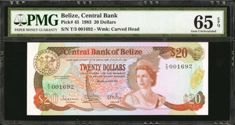 BELIZE. Central Bank. 20 Dollars, 1983. P-45. PMG Gem Uncirculated 65 EPQ.

Wa...