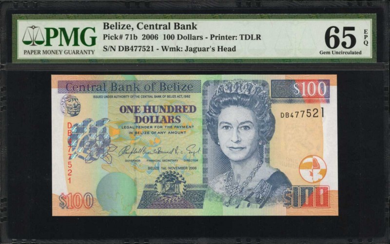 BELIZE. Central Bank of Belize. 100 Dollars, 2006. P-71b. PMG Gem Uncirculated 6...