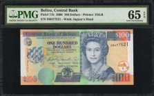 BELIZE. Central Bank of Belize. 100 Dollars, 2006. P-71b. PMG Gem Uncirculated 65 EPQ.

Printed by TDLR. Watermark of Jaguars head at right, with QE...