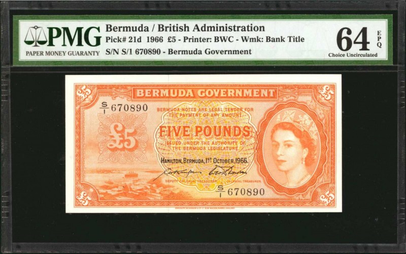 BERMUDA. Bermuda Government. 5 Pounds, 1966. P-21d. PMG Choice Uncirculated 64 E...