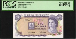 BERMUDA. Bermuda Government. 10 Dollars, 1970. P-25a. PCGS Currency 64 PPQ.

A nearly Gem example of this 10 Dollars note, found with a low serial n...