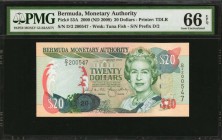 BERMUDA. Monetary Authority. 20 Dollars, 2000 (ND 2008). P-53A. PMG Gem Uncirculated 66 EPQ.

Queen Elizabeth II on face and bright-harbor scene on ...