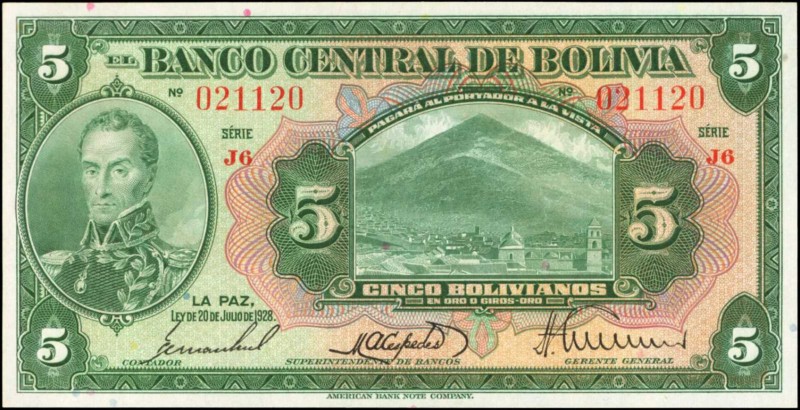 BOLIVIA. Banco Central de Bolivia. 5 Bolivianos, 1928. P-120a. Radar Serial Numb...