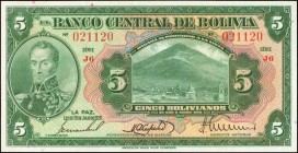 BOLIVIA. Banco Central de Bolivia. 5 Bolivianos, 1928. P-120a. Radar Serial Number. Uncirculated.

A radar serial number of "021120" is found on thi...