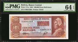 BOLIVIA. Banco Central de Bolivia. 100,000 Pesos Bolivianos, 1984. P-171a. Three Consecutive. PMG Choice Uncirculated 64 EPQ & Gem Uncirculated 65 EPQ...