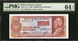 BOLIVIA. Banco Central. 100,000 Pesos Bolivianos, 1984. P-171a. PMG Choice Uncirculated 64 EPQ.

Highest denomination of series. Suffix B. Printer T...