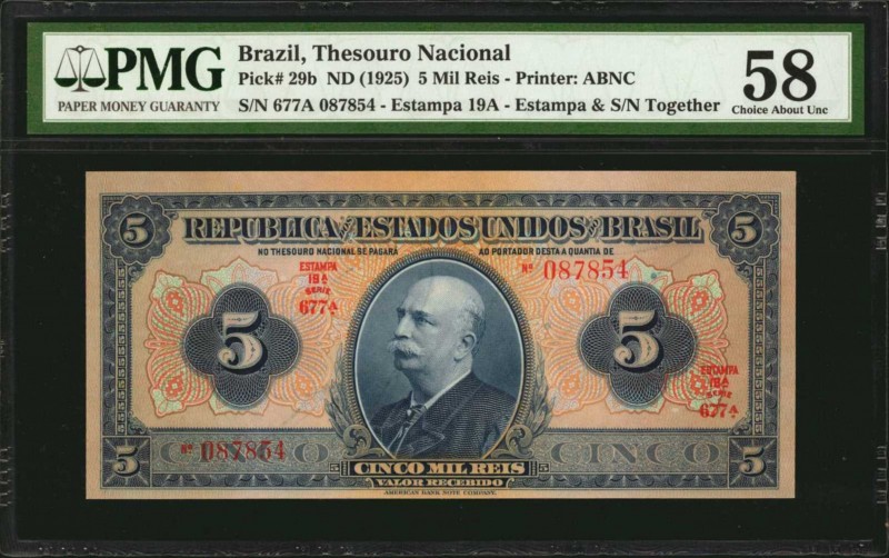 BRAZIL. Thesouro Nacional. 5 Mil Reis, ND (1925). P-29b. PMG Choice About Uncirc...