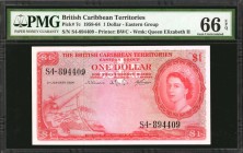 BRITISH CARIBBEAN TERRITORIES. Eastern Group. 1 Dollar, 1958-64. P-7c. PMG Gem Uncirculated 66 EPQ.

Printed by BWC. Watermark of QEII. Dark red ink...