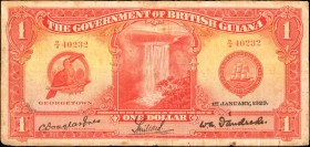 BRITISH GUIANA. Government of British Guiana. 1 Dollar, 1929. P-6. Fine.

A rare note in any condition, with attractive details still found on this ...