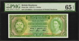 BRITISH HONDURAS. Government of British Honduras. 1 Dollar, 1970-73. P-28c. PMG Gem Uncirculated 65 EPQ.

Colorful ink and dark red serial numbers s...