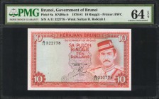 BRUNEI. Government of Brunei. 10 Ringgit, 1976-81. P-8a. PMG Choice Uncirculated 64 EPQ.

A nearly Gem example of this 10 Ringgit note, found with f...