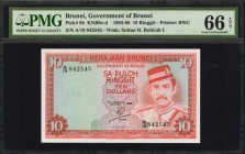 BRUNEI. Government of Brunei. 10 Ringgit, 1983-86. P-8b. PMG Gem Uncirculated 66 EPQ.

Printed by BWC. Watermark of Sultan H. Bolkiah 1.

Estimate...