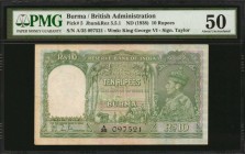 BURMA. British Administration. 10 Rupees, ND (1938). P-5. PMG About Uncirculated 50.

Earlier British Administration type with King George VI on fac...