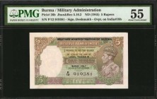 BURMA. Military Administration. 5 Rupees, ND (1945). P-26b. PMG About Uncirculated 55.

Wonderful King George VI issue, printed with text "Legal Ten...