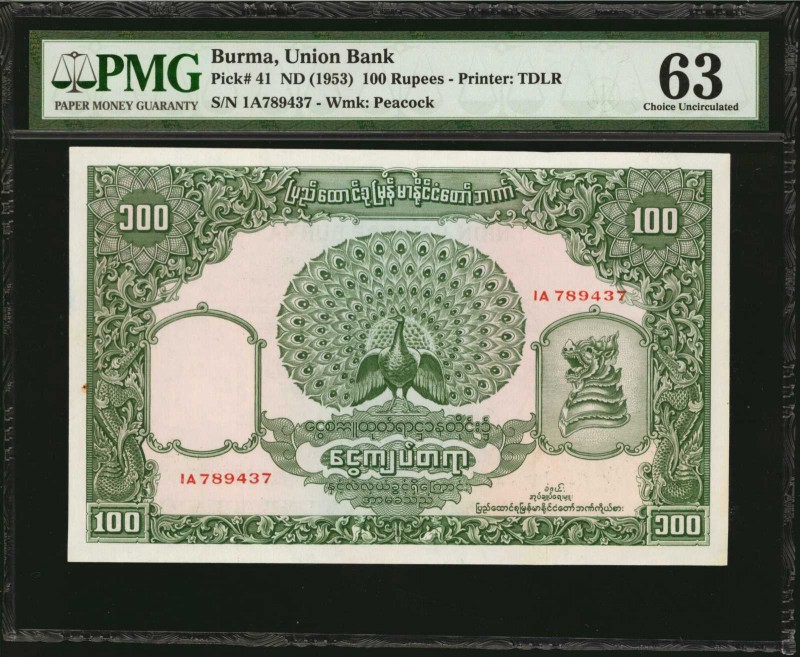 BURMA. Union Bank. 100 Rupees, ND (1953). P-41. PMG Choice Uncirculated 63.

P...
