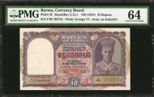 BURMA. Currency Board. 10 Rupees, ND (1947). P-32. PMG Choice Uncirculated 64.

Larger size King George VI in full face profile at right on front. T...