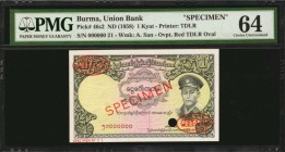 BURMA. Union Bank. 1 Kyat, ND (1958). P-46s2. Specimen. PMG Choice Uncirculated 64.

Printed by TDLR. Overprint of red TDLR oval, with hole punch ca...