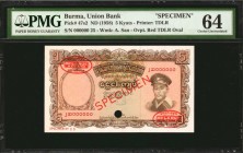BURMA. Union Bank. 5 Kyats, ND (1958). P-47s2. Specimen. PMG Choice Uncirculated 64.

Printed by TDLR. Specimen No. 25. Watermark of A. San. Red TDL...