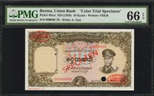 BURMA. Union Bank. 10 Kyats, ND (1958). P-48cts. Color Trial Specimen. PMG Gem Uncirculated 66 EPQ.

Printed by TDLR. Watermark of A. San. Hole punc...