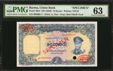 BURMA. Union Bank. 10 Kyats, ND (1958). P-48s2. Specimen. PMG Choice Uncirculated 63.

Specimen No. 1. Printed by TDLR. Red TDLR overprint ovals and...