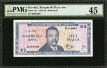 BURUNDI. Banque Du Royaume. 100 Francs, 1964-65. P-12a. PMG Choice Extremely Fine 45.

Colorful ink stands out on this mid-grade 100 Francs note.
...