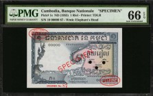 CAMBODIA. Banque Nationale du Cambodge. 1 Riel, ND (1955). P-1s. Specimen. PMG Gem Uncirculated 66 EPQ.

Printed by TDLR. Watermark of Elephant's he...