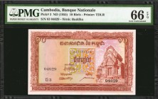 CAMBODIA. Banque Nationale. 10 Riels, ND (1955). P-3. PMG Gem Uncirculated 66 EPQ.

Printed by TDLR. Watermark of Buddha at left. Good centering is ...