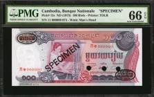 CAMBODIA. Banque National du Cambodge. 100 Riels, ND (1973). P-15s. Specimen. PMG Gem Uncirculated 66 EPQ.

Printed by TDLR. Watermark of man's head...