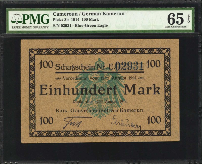 CAMEROON. German Kamerun. 100 Mark, 1914. P-3b. PMG Gem Uncirculated 65 EPQ.

...