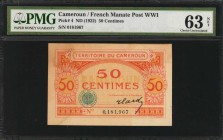 CAMEROON. Territoire du Cameroun. 50 Centimes, ND (1922). P-4. French Manate Post WWI. PMG Choice Uncirculated 63 Net. Previously Mounted, Stained.
...