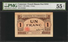 CAMEROON. Territoire du Cameroun. 1 Franc, ND (1922). P-5. French Manate Post WWI. PMG About Uncirculated 55 Net. Foreign Substance, Stains, Tears.
...