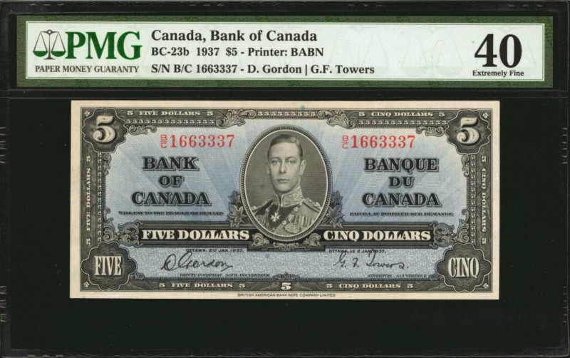 CANADA. Bank of Canada. 5 Dollars, 1937. BC-23b. PMG Extremely Fine 40.

King ...